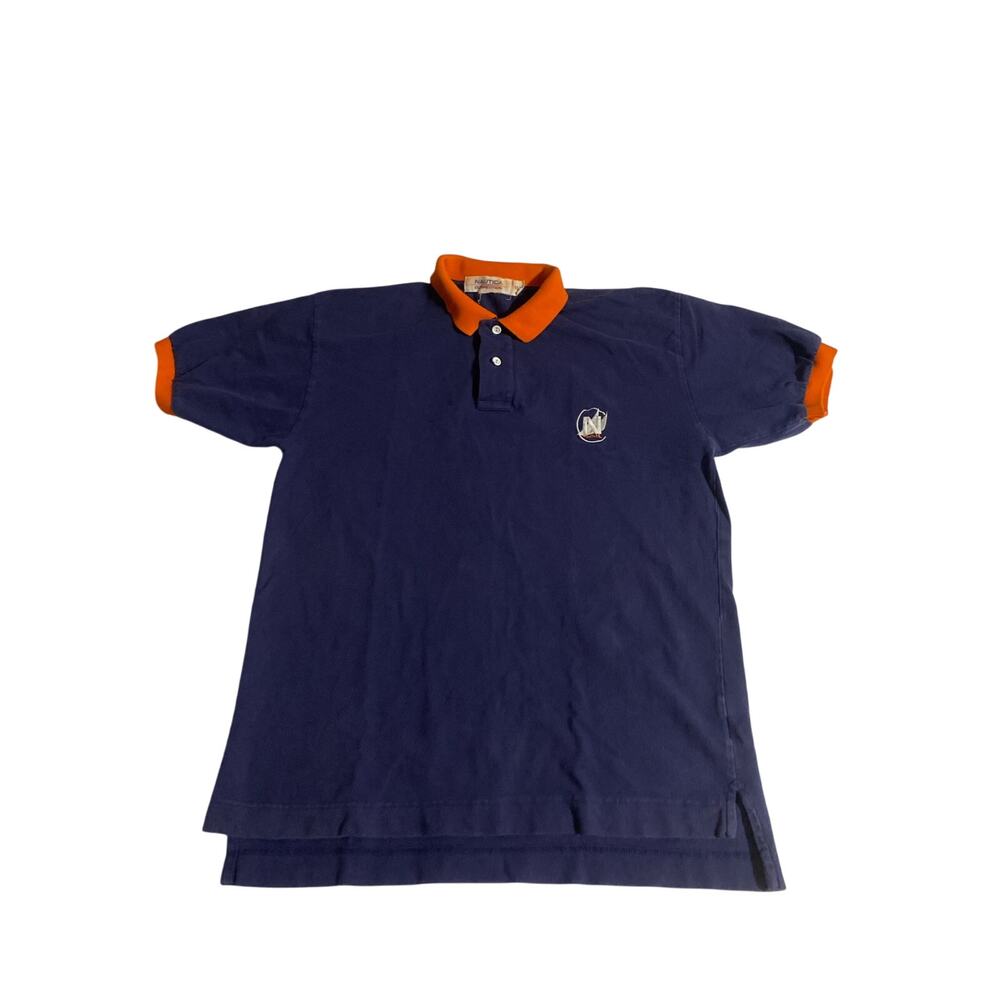 Vtg Nautica Competition Navy Blue Polo Shirt w/Orange Trim Sz M
